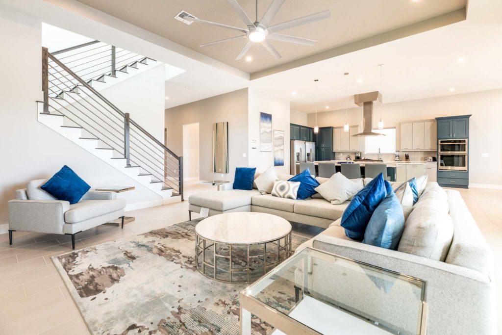 Spacious living room and kitchen in an 8-bedroom resort residence.
