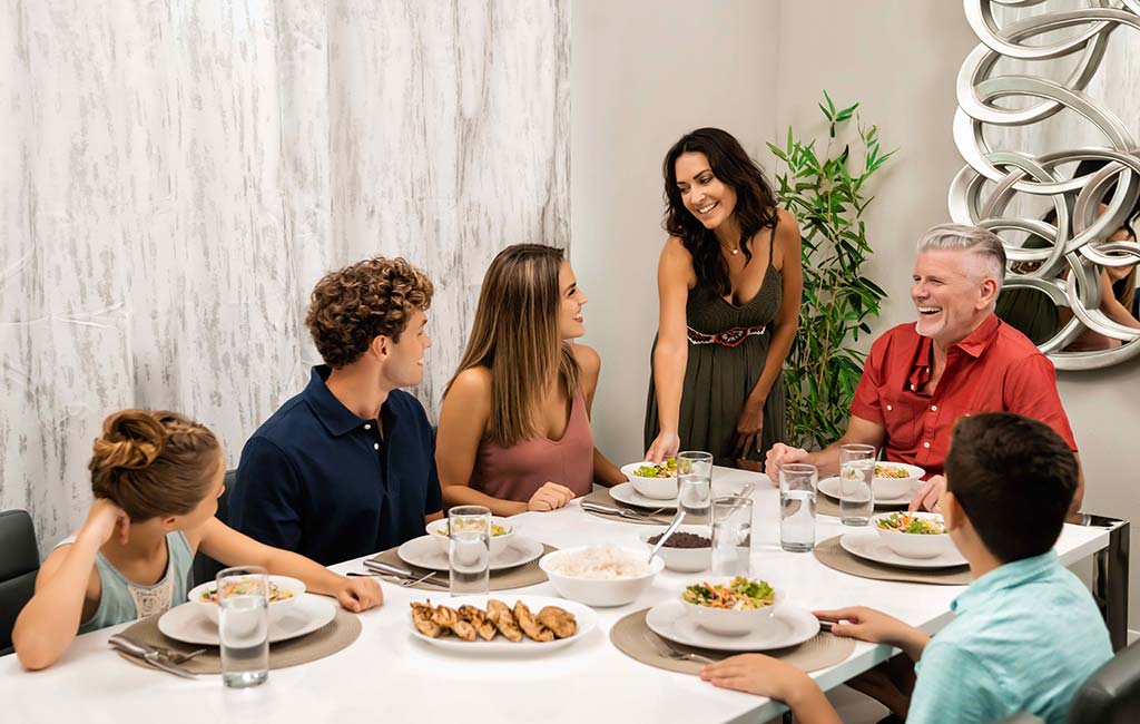 Large family having dinner in a dining room