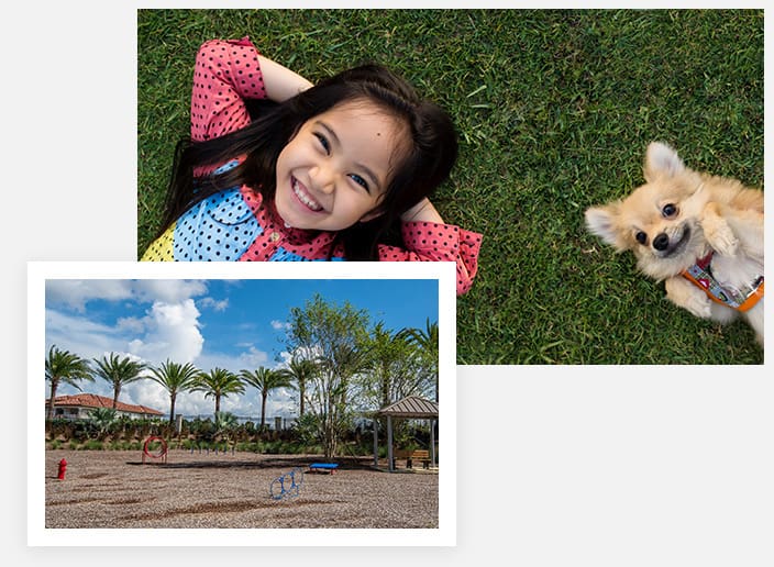 Split image: A young girl with her dog, and the dog park at The Bear’s Den Resort Orlando.