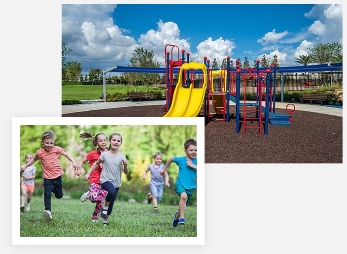Golden Bear Park split image: Playground area / kids running in the grass.