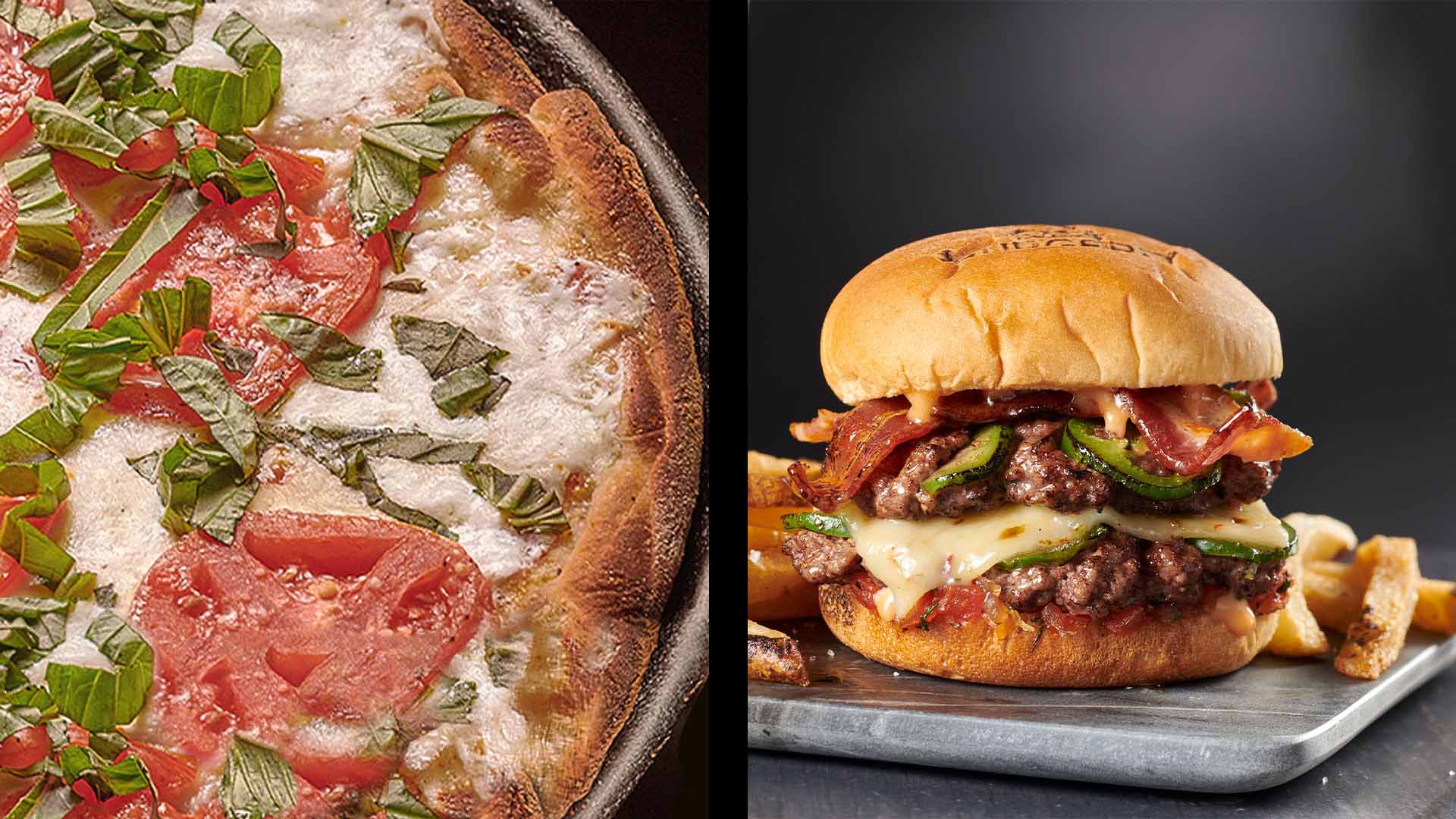 A side by side of a Margarita pizza and a double bacon cheeseburger