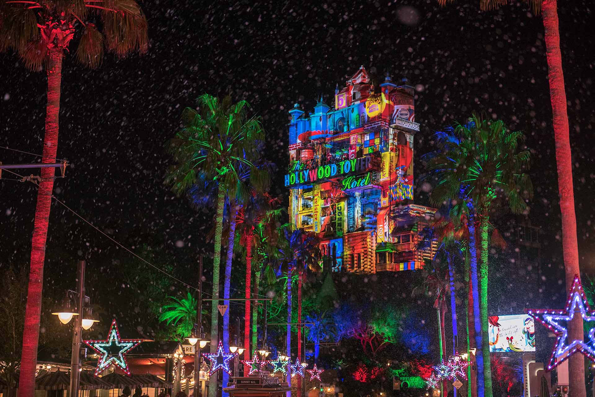 Tower of Terror lit up and decorated for Christmas in Disney's Hollywood Studios - Walt Disney World