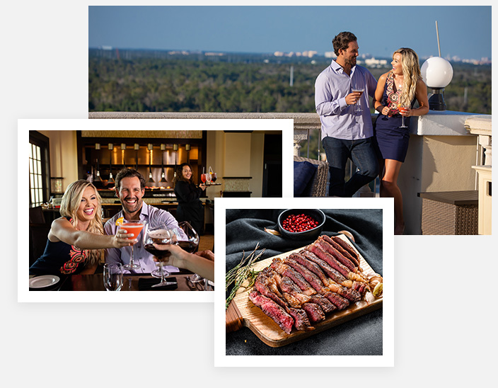 Premier Resort Dining 2 Split image of a couple dining at The Bear’s Den Resort Orlando and a platter or strip steak.