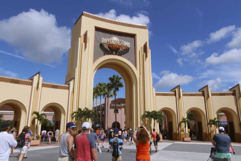 People by the main entrance to Universal Studios Florida